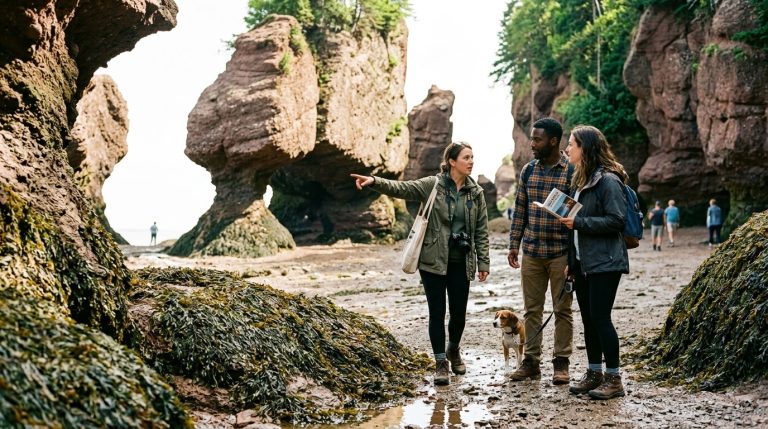 Visitors walk among sea stacks at New Brunswick’s Hopewell Rocks, an image used for PNP immigration news