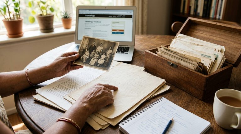 Person reviews old Quebec family records and photo beside a laptop during citizenship research