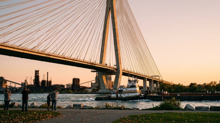 Cargo vessel passes beneath Gordie Howe International Bridge at the Canada border waterfront