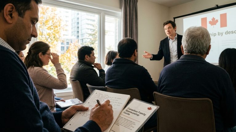 Applicants attend a citizenship by descent presentation with IRCC documents and notes in a meeting room