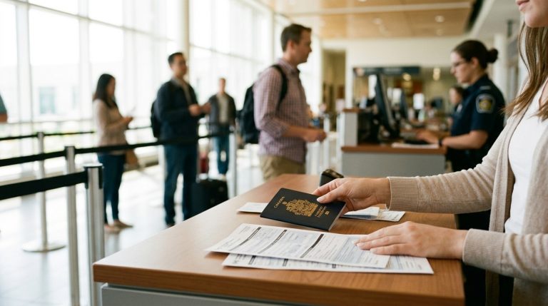 Adult holds a Canadian passport over forms at an airport counter as travellers queue for IRCC processing