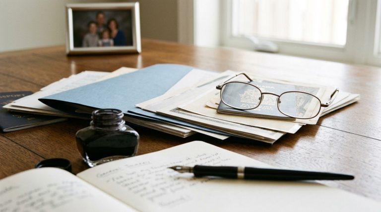Citizenship documents and passports on a table beside glasses, pen and a framed family photo
