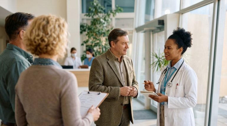 Doctor speaks with adults in a clinic lobby as patients hold forms, illustrating foreign-trained family doctors
