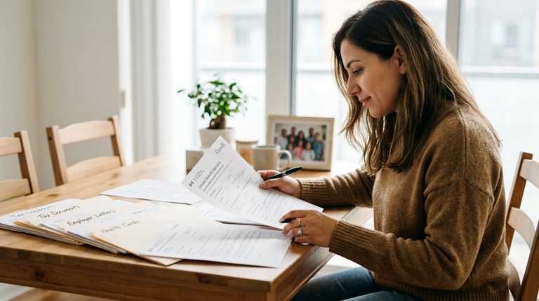 Applicant reviews Canada study permit forms and financial documents at a table at home
