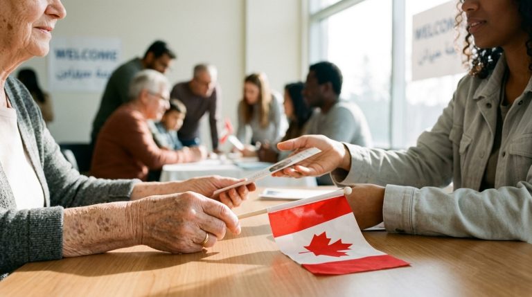 Citizenship applicant receives a document across a table at a Canadian newcomer centre with flag