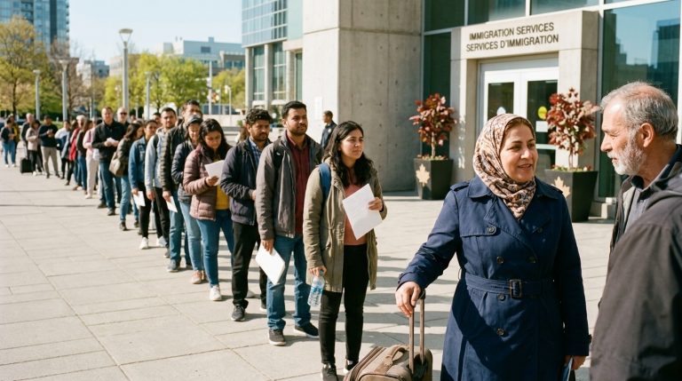 Applicants line up outside an immigration services building holding work permit and study permit papers