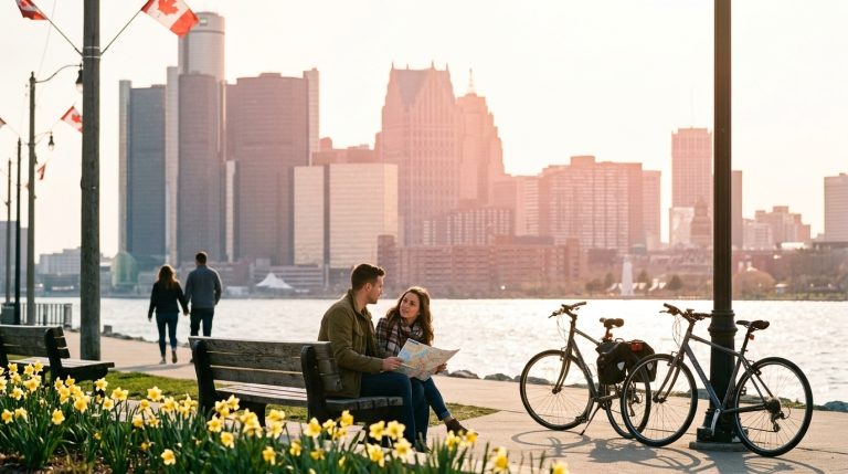 Couple with a map sits by Detroit waterfront as Canadian flags fly, illustrating citizenship by descent news