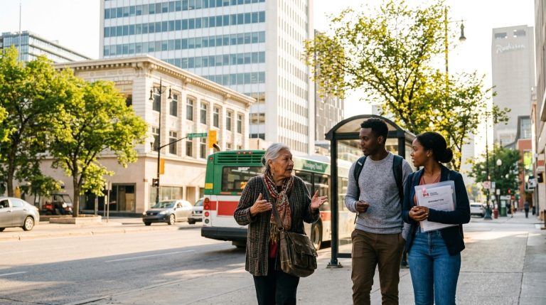 Three people walk past a Winnipeg bus stop carrying documents in a Manitoba PNP news illustration
