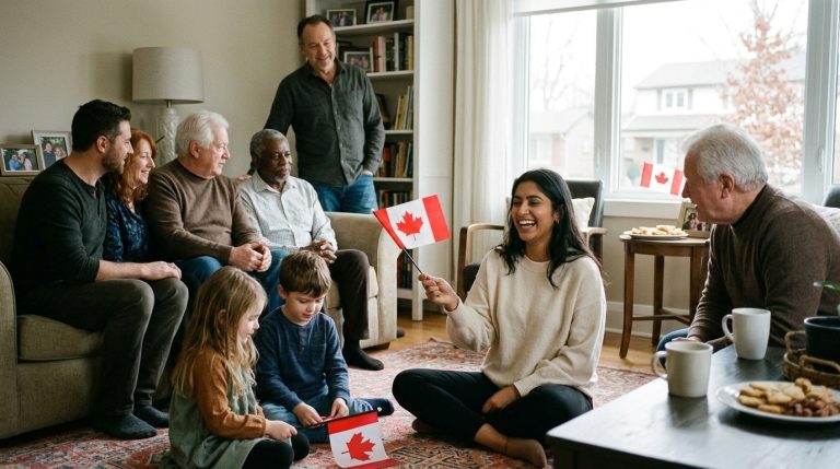 Multigenerational family gathers at home as a woman holds a Canadian flag during a citizenship discussion