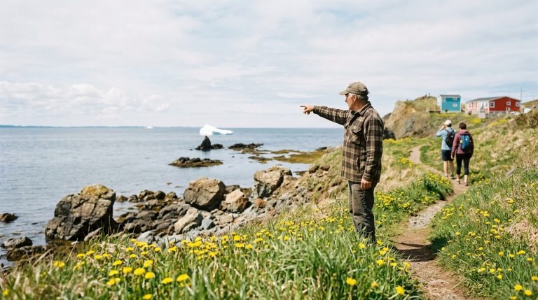 Man points toward the sea on a Newfoundland coastal path as visitors walk near PNP communities