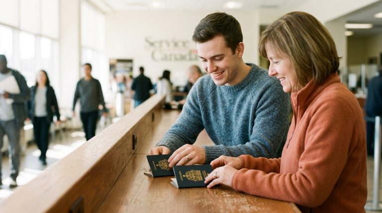 Two travellers hold Canadian passports at an IRCC service counter as people move through the background