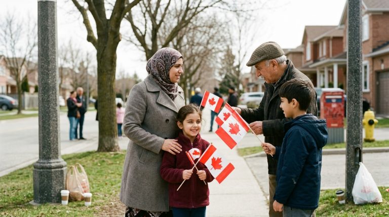 Family with Canadian flags stands on a suburban street, illustrating citizenship and adoption news