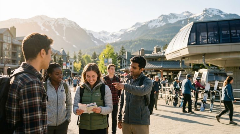 Young adults review a map at a BC mountain resort village, illustrating a BC PNP news story