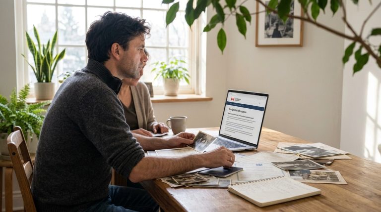 Couple reviews old family photos and papers beside a laptop open to a Canadian citizenship page