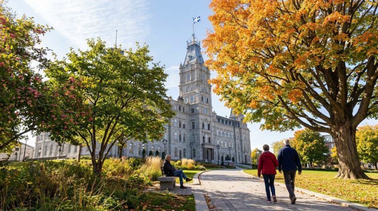 People walk past Quebec's National Assembly building during autumn as PSTQ immigration news unfolds