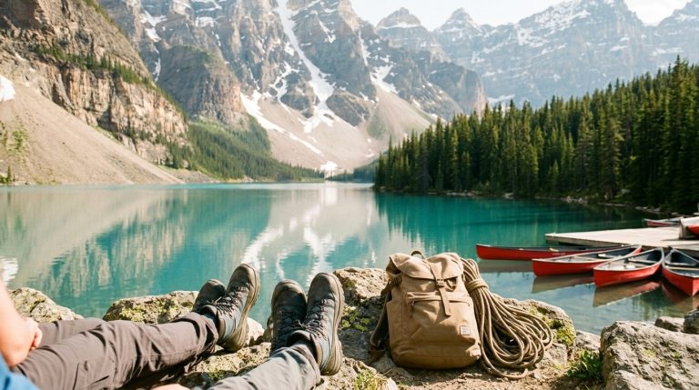 Hiker rests by a turquoise mountain lake with canoes, illustrating provincial nominee immigration to Canada