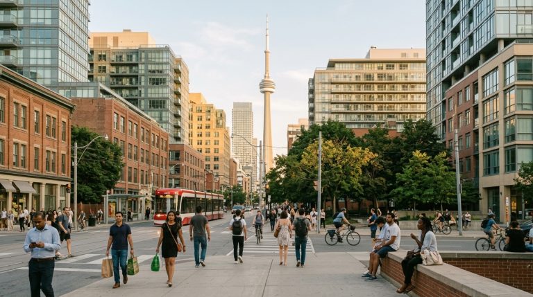Pedestrians and cyclists move through downtown Toronto streetcar corridor beneath the CN Tower during Ontario PNP news