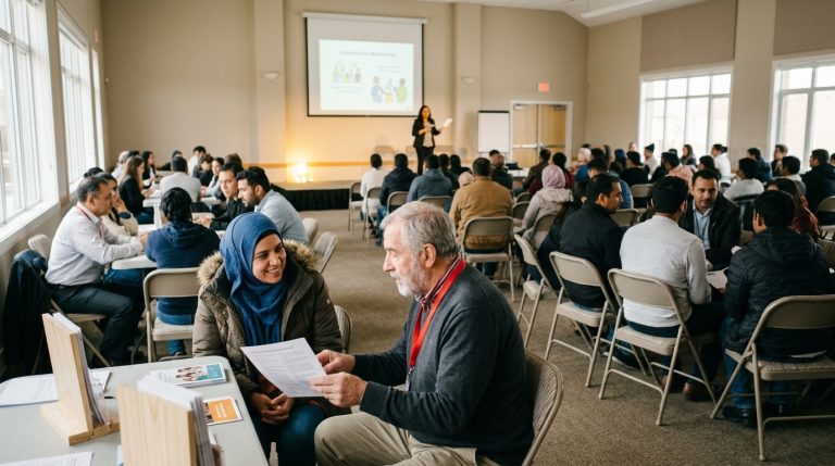 Newcomers meet with an adviser at a community workshop as IRCC information is presented on screen
