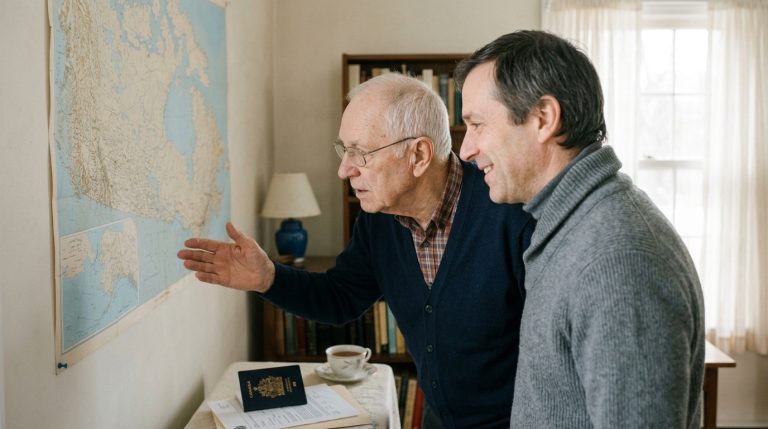 Two men review a map of Canada beside a Canadian passport and citizenship papers at home