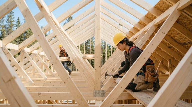 Construction workers build a roof frame at a site in Alberta, reflecting AAIP skilled trades demand