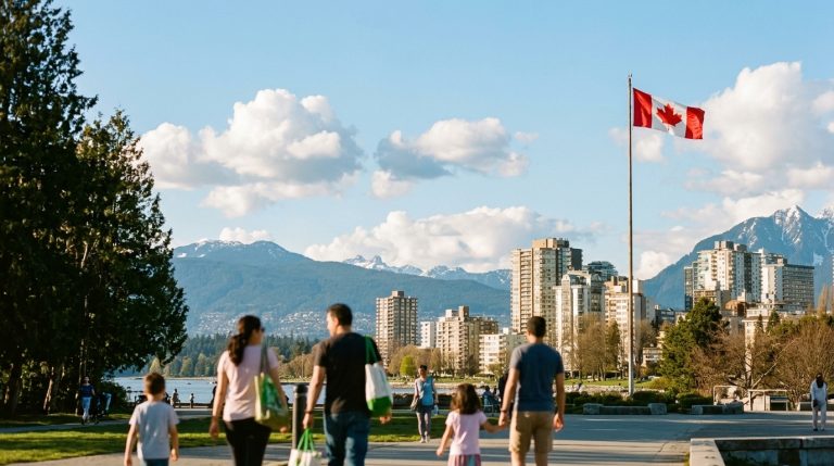 Family walks beneath a Canadian flag with Vancouver skyline, a symbolic scene for Express Entry news