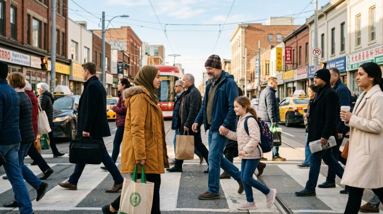 Pedestrians cross a Toronto streetcar intersection as Express Entry immigration news dominates headlines
