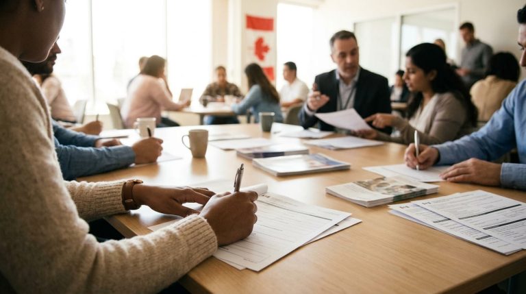 Applicants fill out citizenship forms during an IRCC information meeting with a Canadian flag in view
