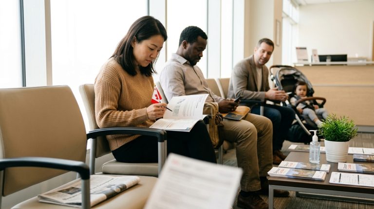 Temporary resident applicants review forms in a Canadian immigration office waiting room