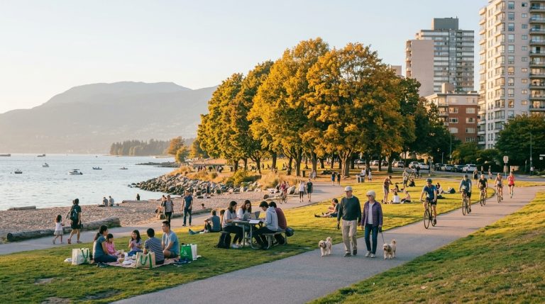 People walk and cycle along a Vancouver waterfront park, a common scene for newcomers under Express Entry