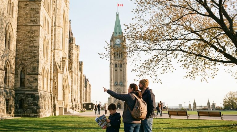 Family stands near Parliament Hill as a woman points beside Peace Tower during IRCC work permit news