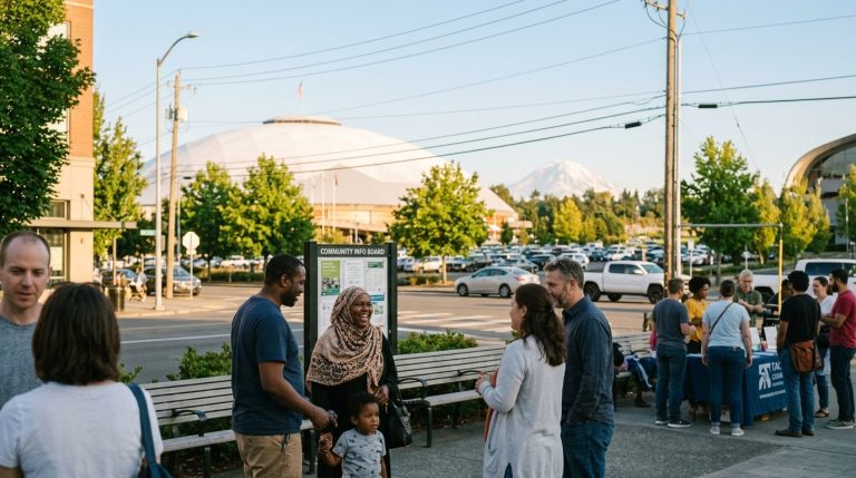 Families gather outside a civic building as citizenship applicants speak with others on a city sidewalk