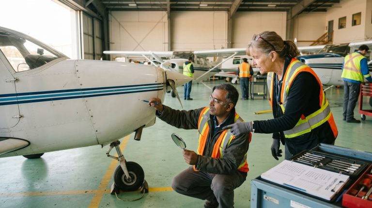 Workers inspect a small aircraft in a hangar as Express Entry transport jobs draw attention