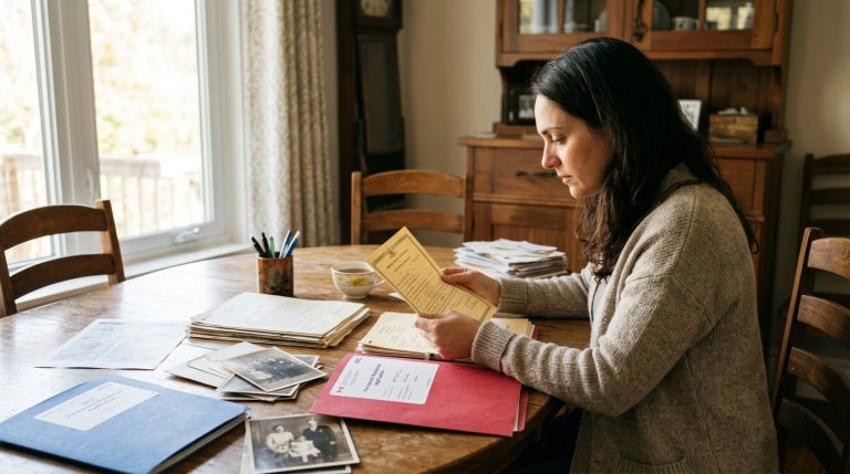 Woman reviews citizenship documents and family records at a table in Quebec home