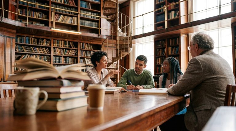 Academic examiners meet with students at a library table as work permit rules draw IRCC attention
