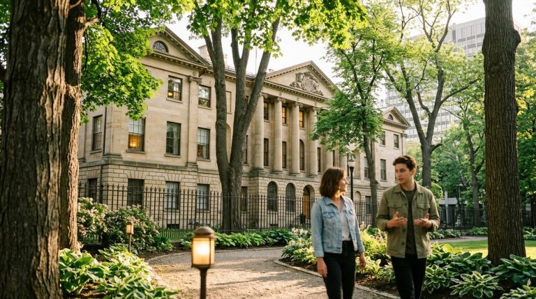 Two people walk past a government building in Nova Scotia as PNP fee news draws attention
