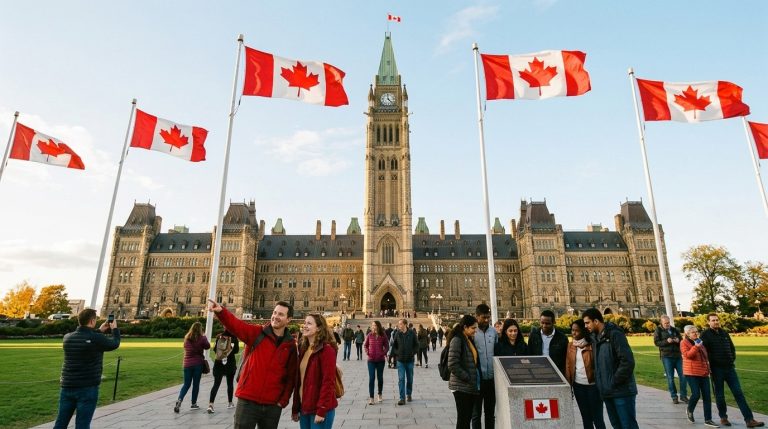 Visitors gather on Parliament Hill beneath Canadian flags as BC PNP immigration news draws attention