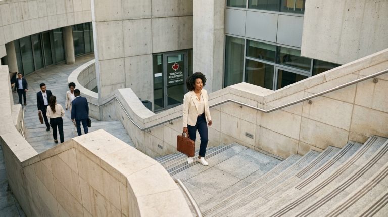 Applicants walk up steps outside a Toronto reception centre building as LMIA processing times rise
