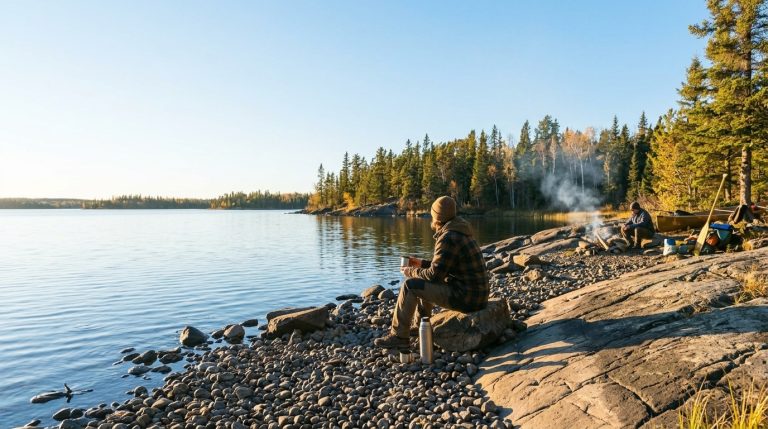 People rest by a rocky Northwest Territories lake shore beside a campfire, illustrating NTNP news