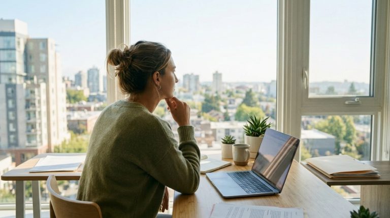 Woman reviews citizenship documents beside a laptop in a bright apartment with city skyline outside