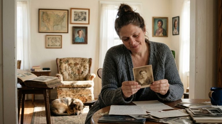 Woman reviews old family photo and papers at home amid Canada citizenship by descent changes