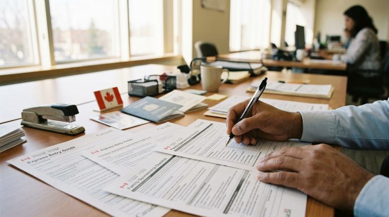 Applicant fills out IRCC forms at an office desk with passport and Express Entry guide nearby