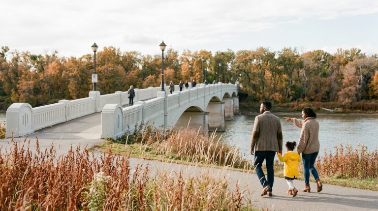 Family walks beside a river toward a bridge in Manitoba as PNP work permit news leads immigration coverage