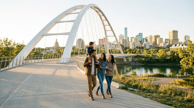 Family walks across a bridge with Edmonton skyline behind them, illustrating Alberta PNP news