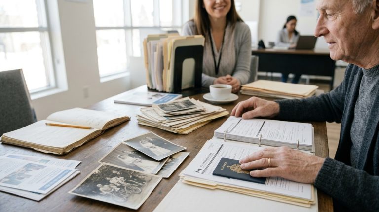 Man reviews family records and a Canadian passport at an office desk during an IRCC citizenship application meeting