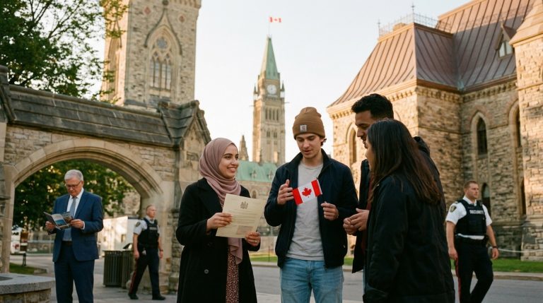 Applicants gather near Parliament Hill with a Canadian flag and document during Express Entry consultations