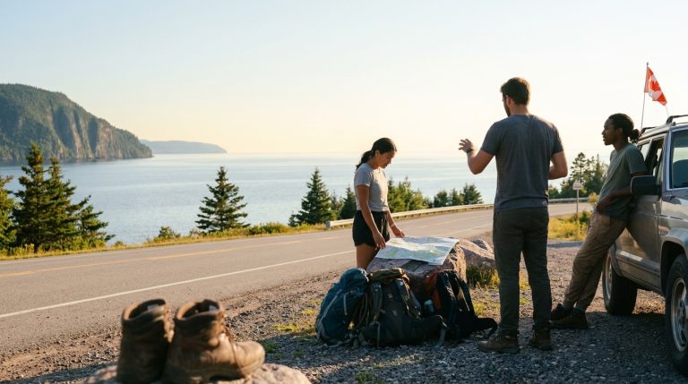 Travellers review a map beside a roadside vehicle and Canadian flag near a remote border crossing