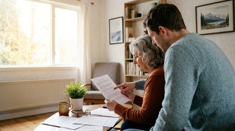 Woman and man review a cover letter and citizenship documents at home in a Canadian citizenship claim scene