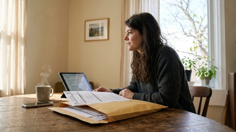 Woman reviews citizenship documents beside a laptop and mail envelope at home amid IRCC delays