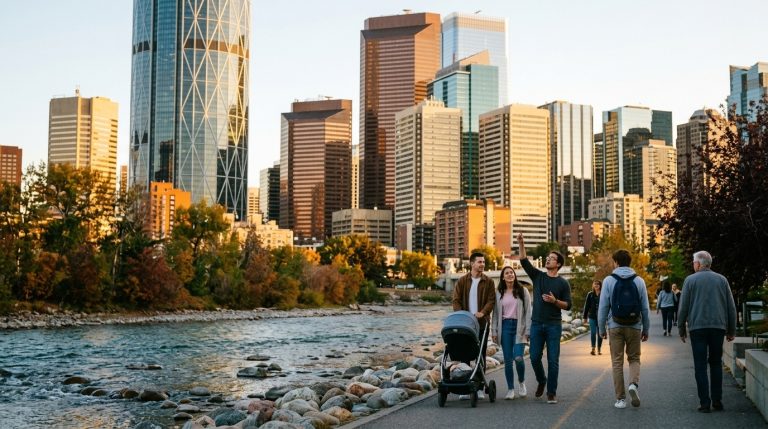 People walk beside Calgary skyline and riverfront path in Alberta, scene linked to PNP immigration news