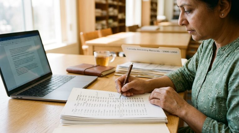 Woman reviews Quebec ancestry records and notes for a Canadian citizenship application at a library table